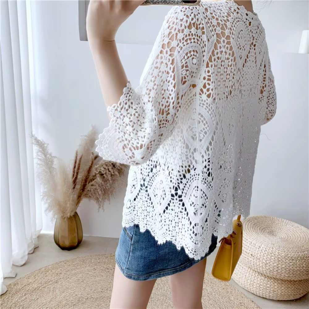 Cardigan en maille tricotée style bohème ajouré à manches 3/4