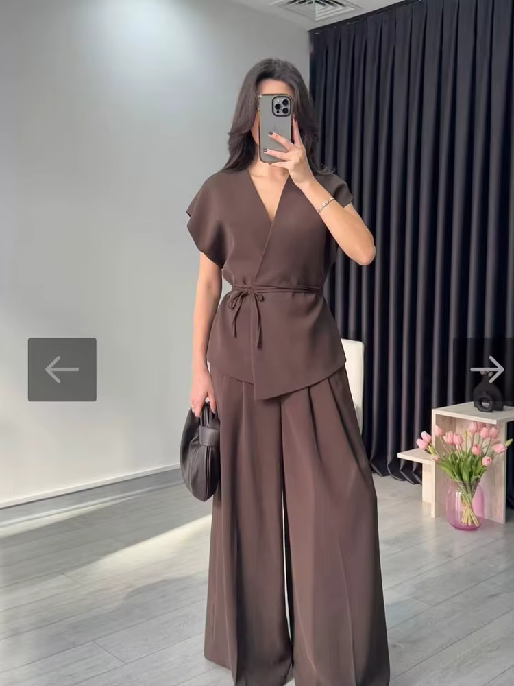 HH femmes pantalon costume solide col en v ceinture décorer gilets minces haut + mode taille haute bouton de fermeture éclair décontracté ample jambe large pantalon