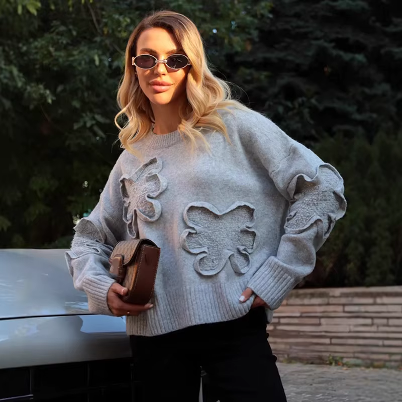 Mode pulls décontractés pour les femmes couleur unie col rond à manches longues tricoté pull en vrac femme 2025 automne hiver nouveau