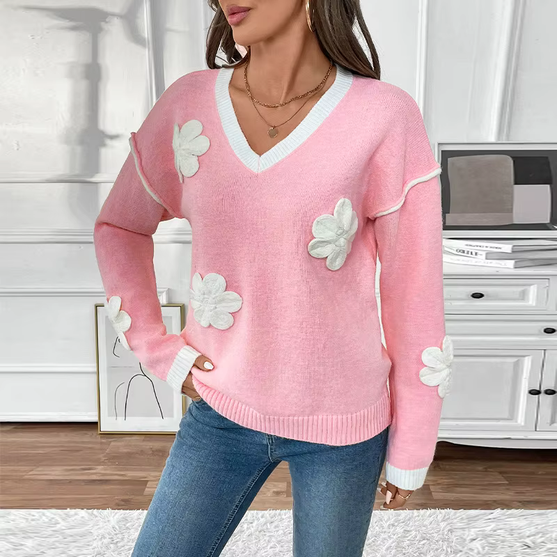 2025 nouveau Style à manches longues col en v pull rose à fleurs pour les femmes