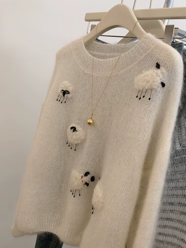 Pull blanc décontracté en mohair et polyester pour femmes, col rond, manches longues, tricot chaud, automne hiver, nouvelle collection 2025