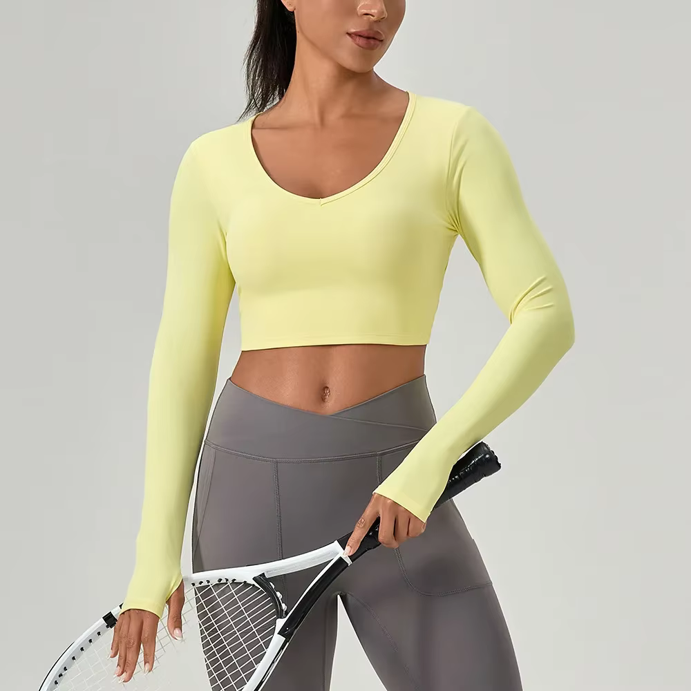 Vêtements de Yoga pour femmes, chemise serrée à manches longues avec coussinets de poitrine, beau dos croisé, haut de sport, séchage rapide, vêtements de course et de Fitness