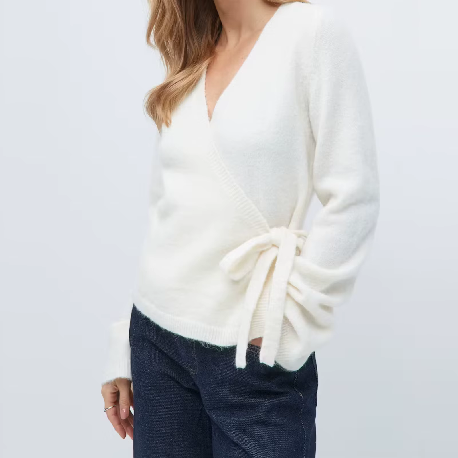 Cardigan portefeuille à nouer sur le devant pour femme, haut Y2K, couleur unie, col en V, manches longues, pull court en tricot, vêtements décontractés pour l'hiver et l'automne