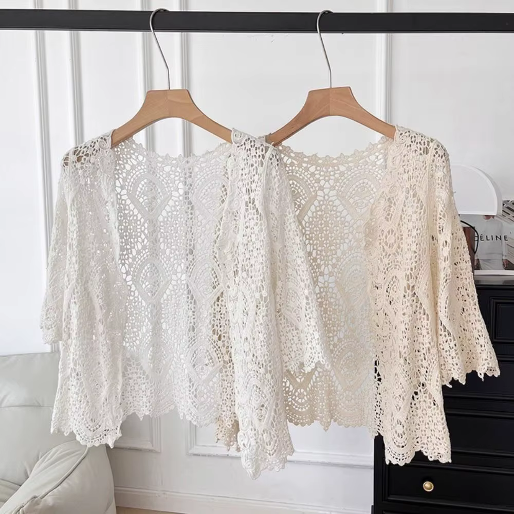 Cardigan en maille tricotée style bohème ajouré à manches 3/4
