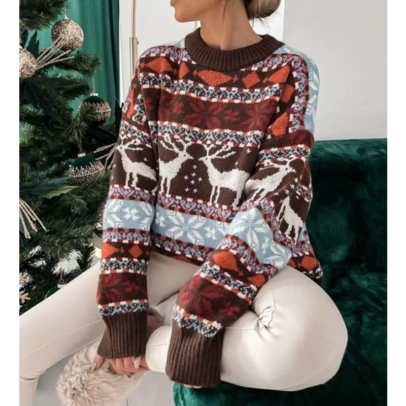 2025 pull tricoté col rond ample thème de noël Jacquard à manches longues