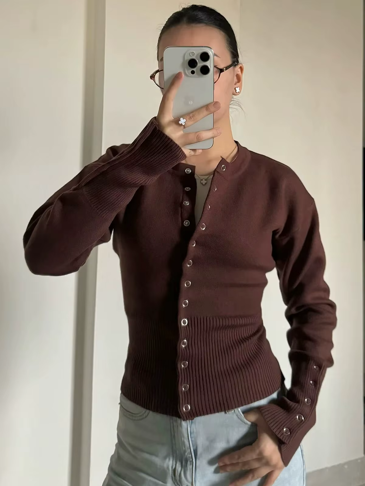 Cardigan en tricot côtelé marron pour femmes