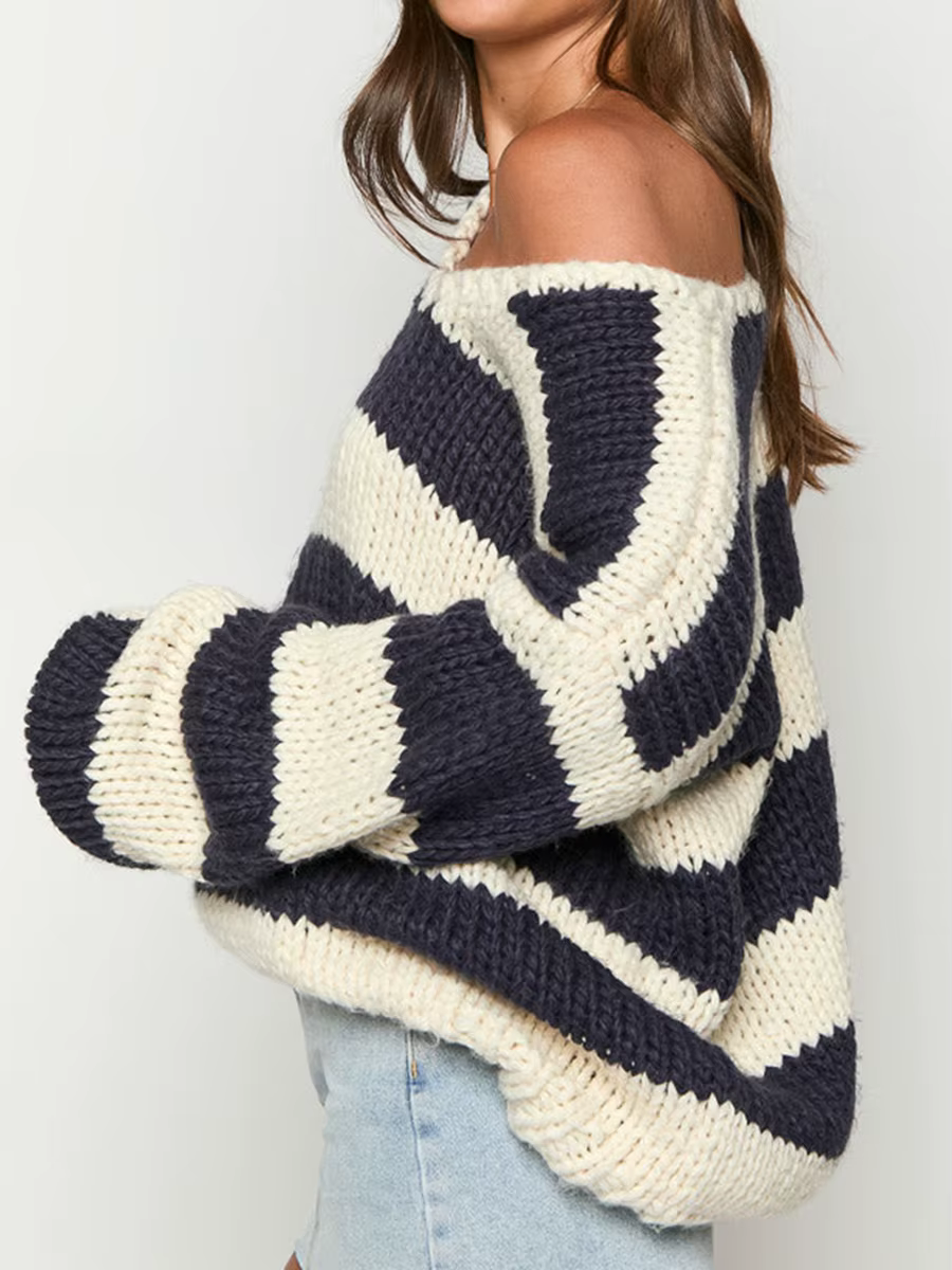 Pull rayé à manches longues et col en V pour femmes