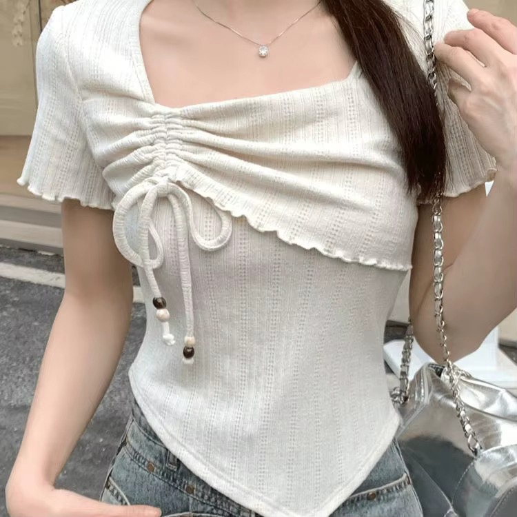 T-shirt à col carré et manches courtes pour femme, haut d'été