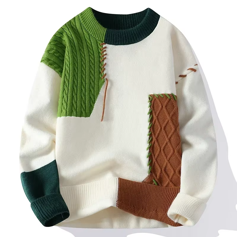 2025 nouveau mâle Patchwork pull tendance haute rue mode automne et hiver chaud hommes Hip-hop rue vêtements hommes pull chemise