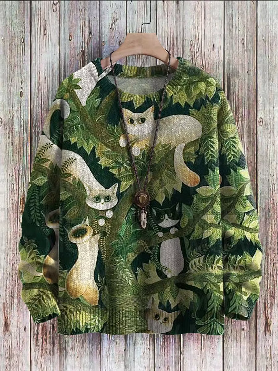 Pull en tricot imprimé multicolore pour hommes et femmes, pull décontracté, chat d'art abstrait