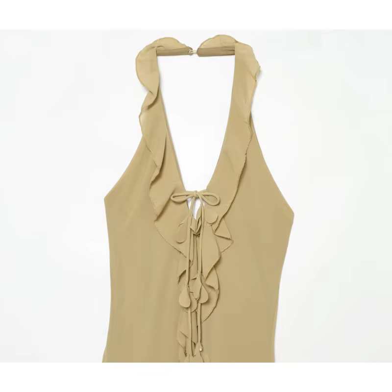 Robe décontractée pour femme à col halter et volants, nouvelle collection été 2026, col en V, ourlet évasé asymétrique, idéale pour la plage, les vacances et le quotidien
