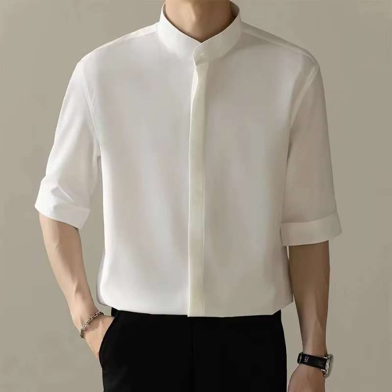 Chemise blanche pour homme à col mandarin, manches courtes, coupe décontractée, style business