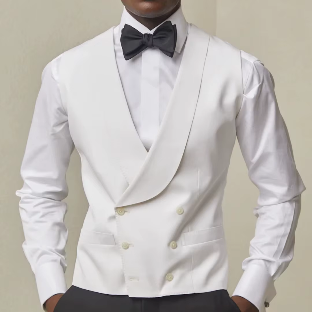 Gilet pour homme blanc à double boutonnage avec revers, idéal pour mariage, banquet, affaires, fête, bureau, travail, ou usage quotidien – Gilet de costume décontracté pour homme