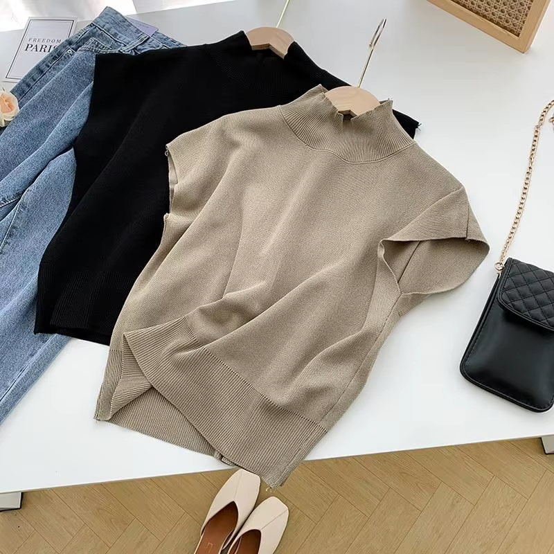 Mode col montant mince femmes tricoté gilet ample solide élégant hauts droits à manches courtes bureau dame t-shirt