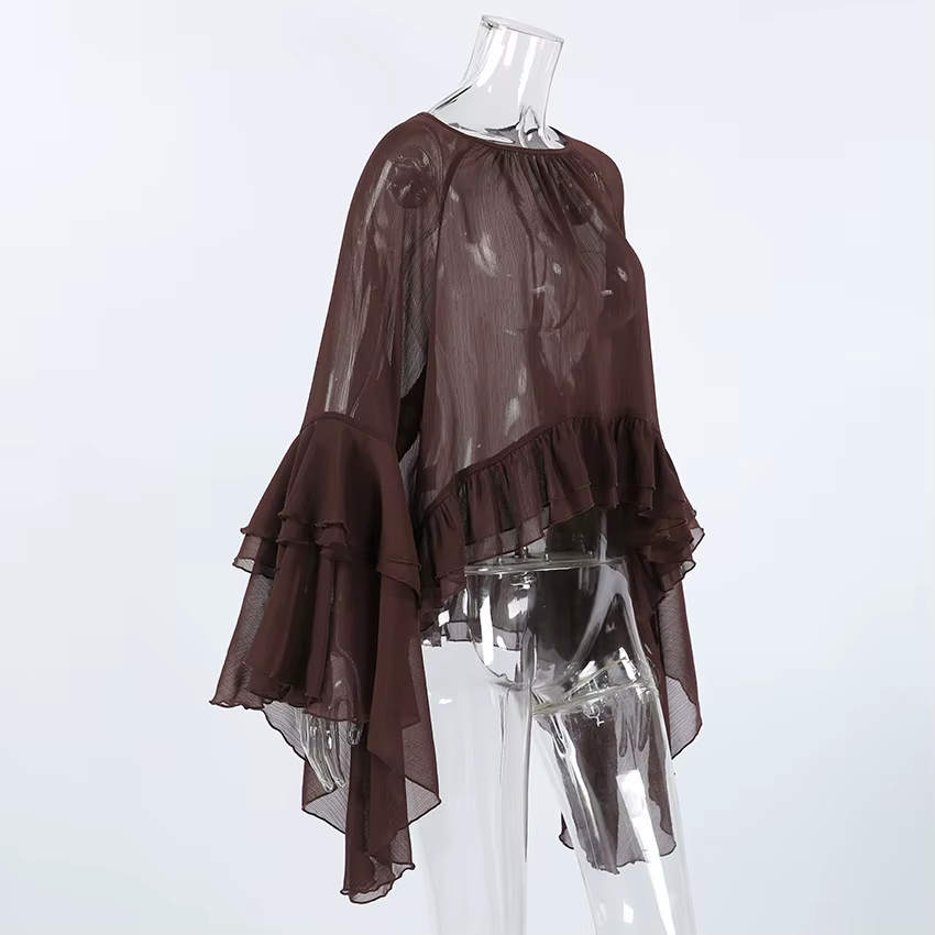 Chemisiers à volants pour femmes, style bohème, en mousseline fluide à manches cloche, transparents et sexy, avec ourlet à volants