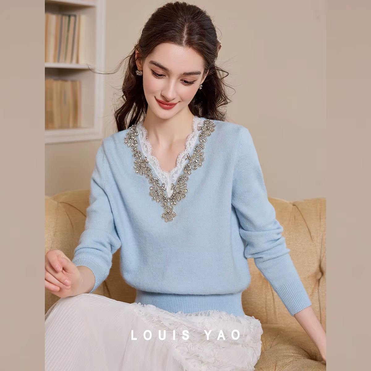 LOUIS YAO col en v tricots pour femmes 2025 automne/hiver hauts tricotés pulls élégants dentelle garnis de perles épissage chandails