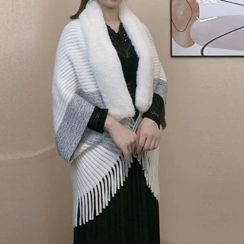 Cape Cardigan à la mode, col en fausse fourrure, enveloppes en peluche, châle tricoté, chaud pour l'hiver