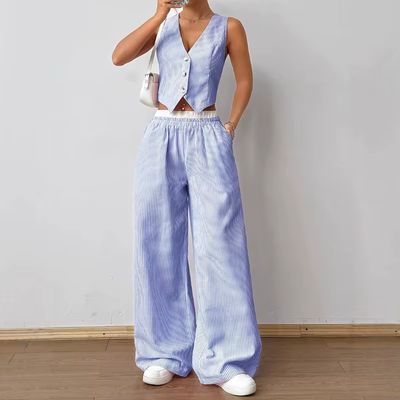 2025 nouveau élégant rayé sans manches col en v gilet taille contraste Co pantalon deux pièces ensemble été Woen ensembles mode costume haut