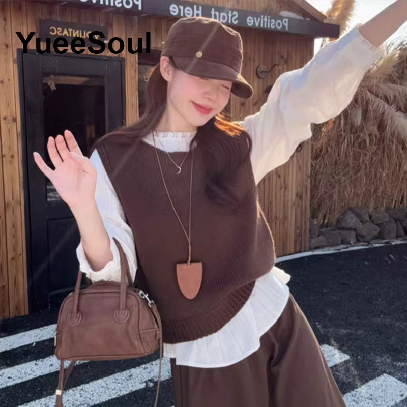 Gilet sans manches polyester ample et décontracté pour femmes, vintage haute rue, coupe ample, col rond, polyester, adaptable toute lannée, pour femmes de tous âges