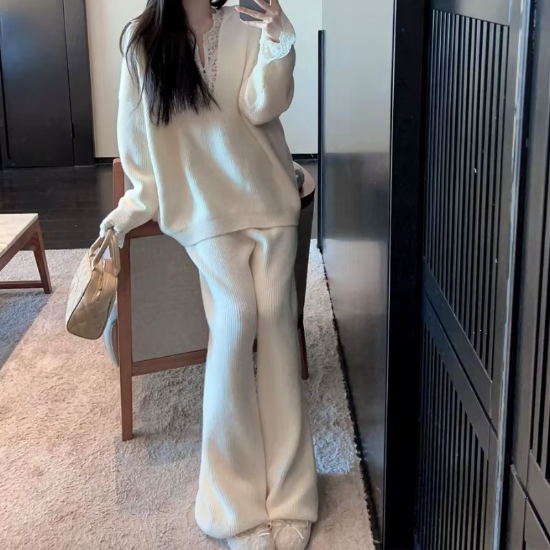 Ensemble de mode pull blanc à col en v pour femmes