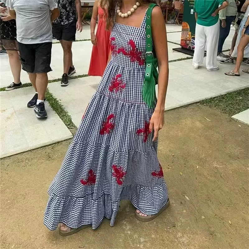 MUJER Plaid Slip longue robe femme broderie à volants robes d'été 2025 sans manches plage vacances robe femmes décontracté robes mi-longues