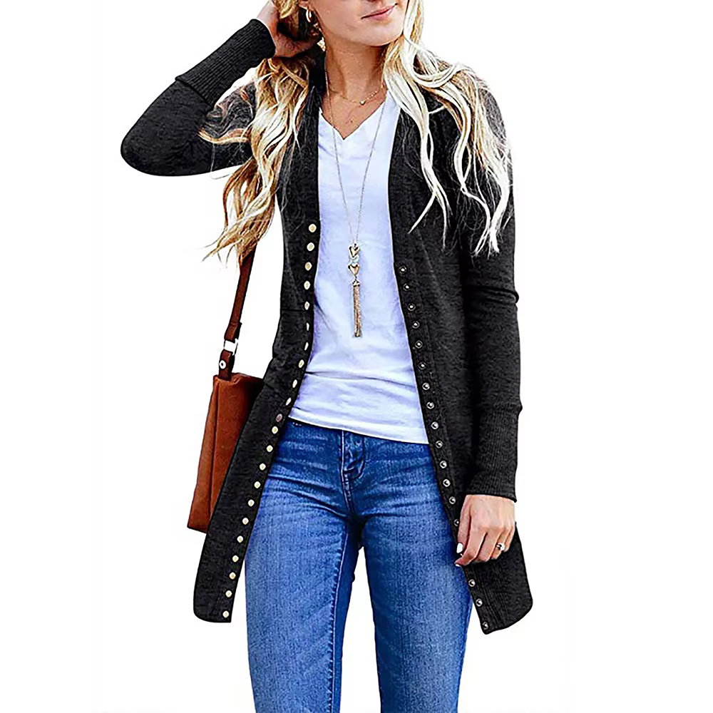 Cardigan en polyester tricoté ample et ajusté style européen et américain pour femmes, vêtement extérieur décontracté et polyvalent à manches longues pour toutes les saisons et les occasions quotidiennes