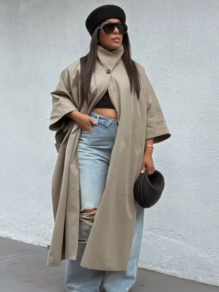 Manteau cape oversize à col montant, manches chauve-souris trois quarts, devant ouvert, long poncho, veste ample maxi pour femme, vêtement d'extérieur 2026