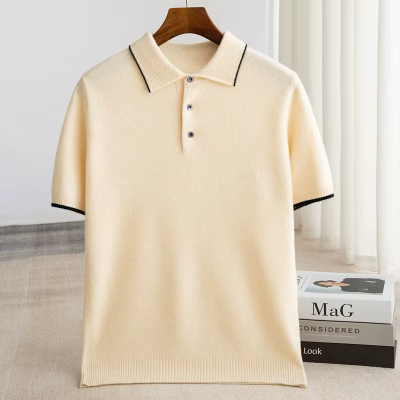 Nouveau pull en laine mérinos 100% pour homme, à col revers et manches courtes, tricoté, décontracté et professionnel, pour l'été