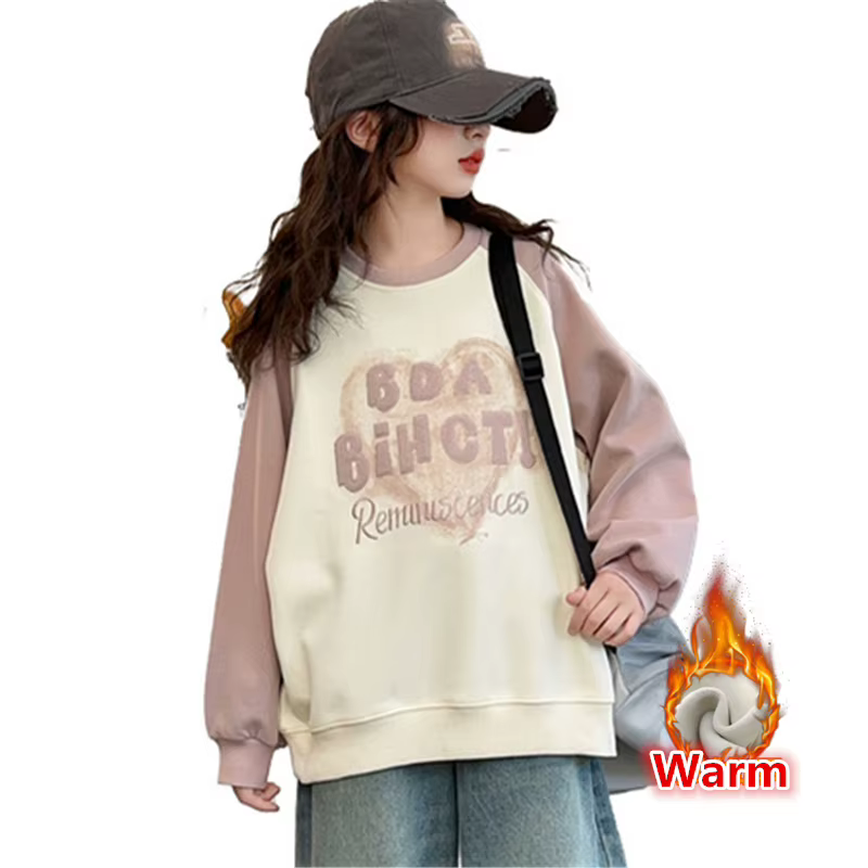 Sweat-shirt thermique pour enfants, mode d'hiver, polaire, motif cœur, vêtements roses, épais et chaud, en velours, tenue