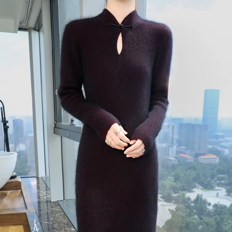 Robe longue tricotée à col rétro pour femme