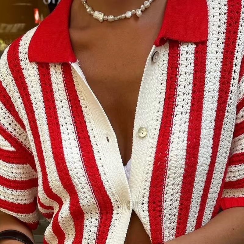 Cardigan à revers rayé vert pour femmes