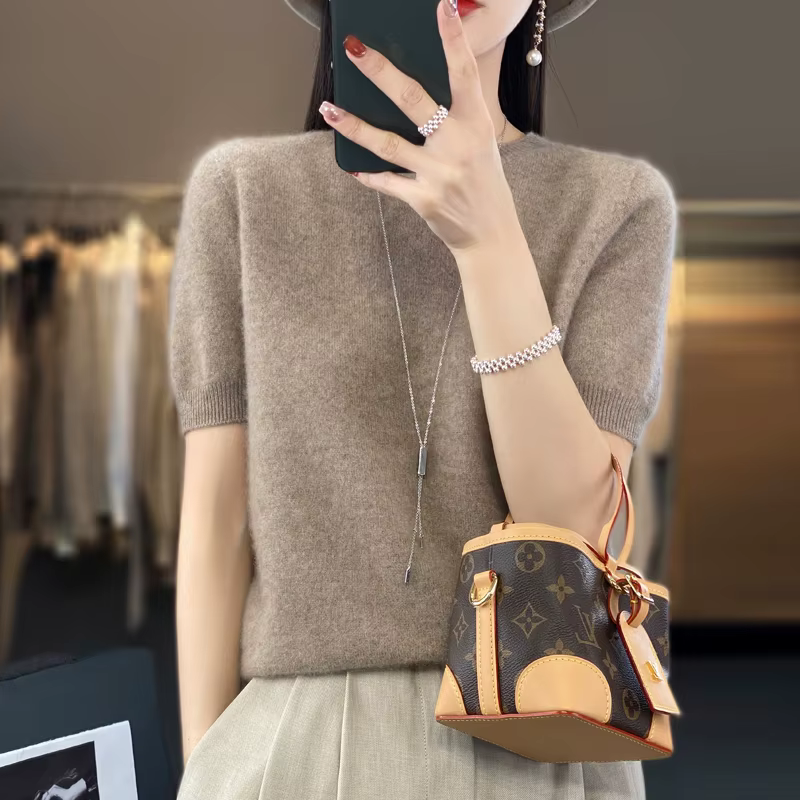 Pull court en cachemire à manches mi-longues pour femme