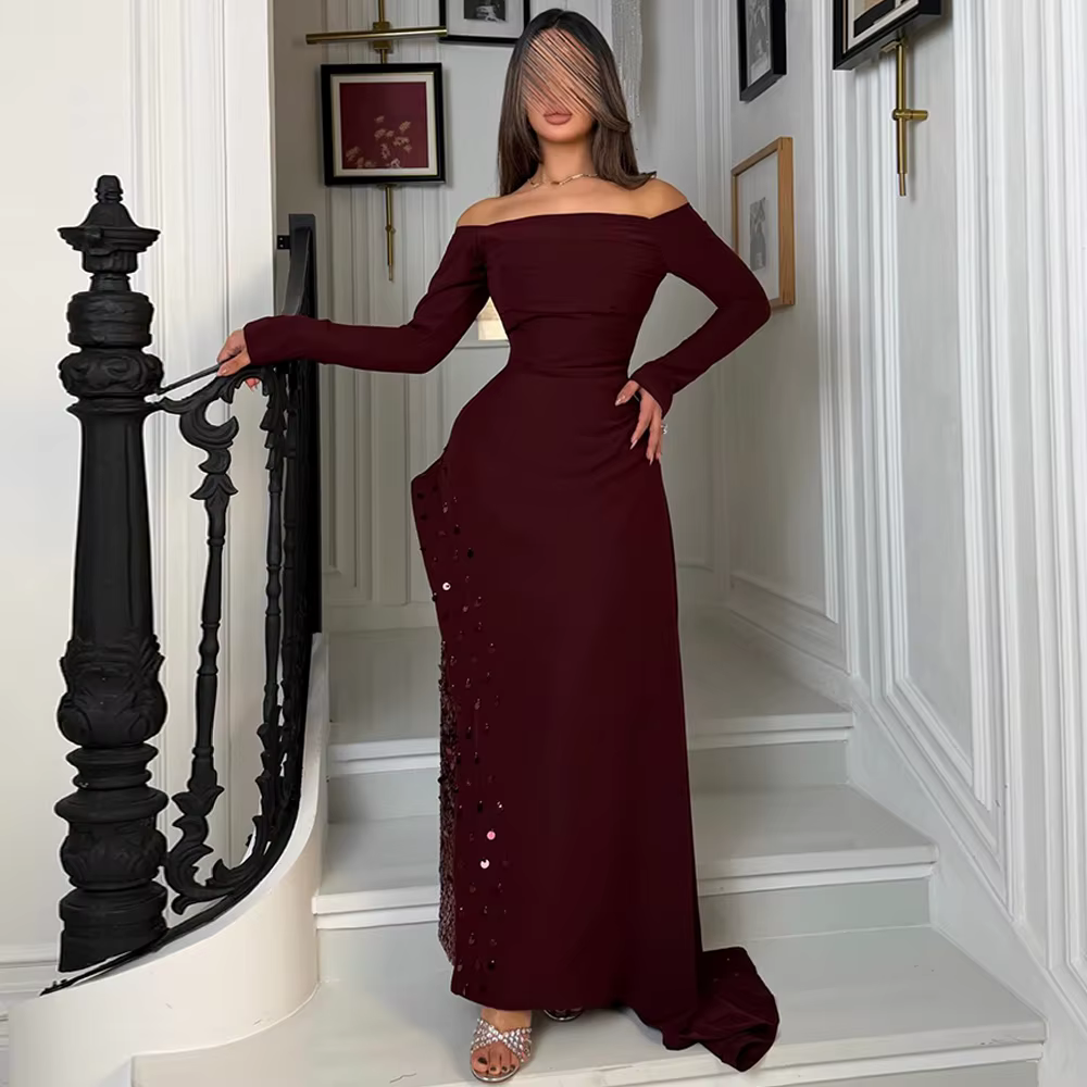 Robe de soirée rêveuse à col bateau et manches longues, scintillante, personnalisée, à sequins, robe de bal de promo, robe sirène classique en jersey, robes de célébrités