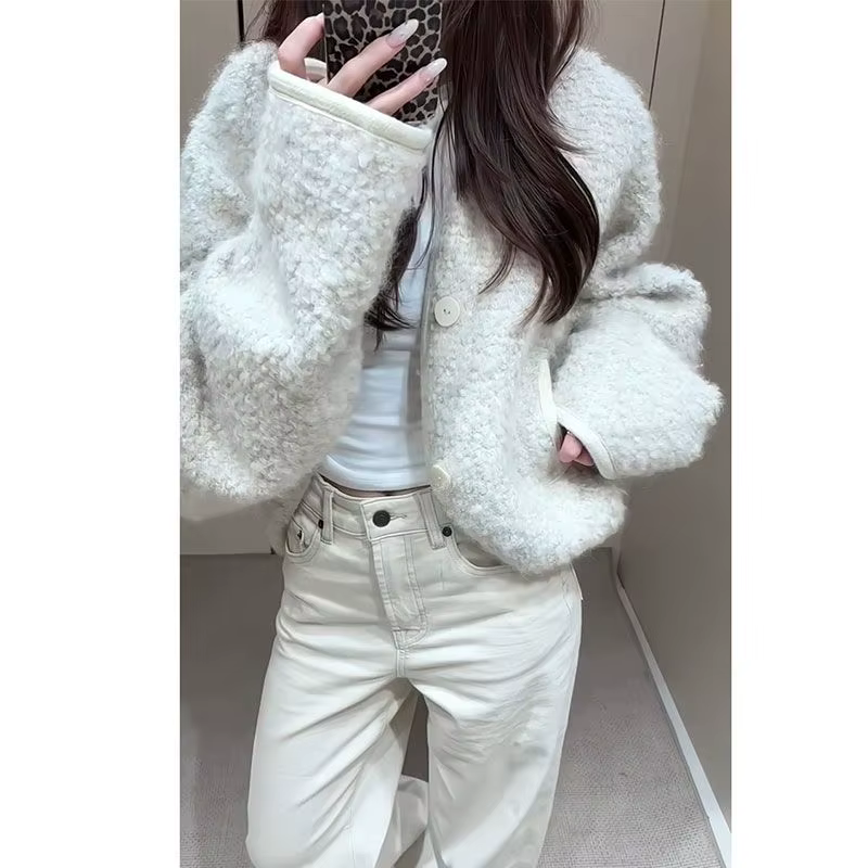 Cardigan blanc manteau d'agneau pour femme automne et hiver nouveau