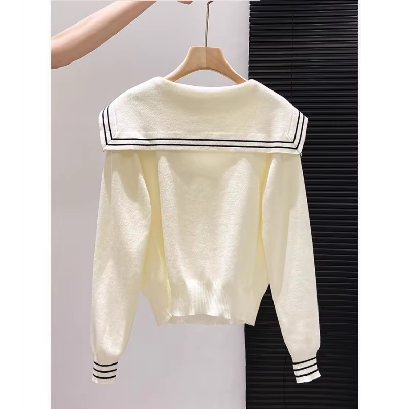 Pull tricoté bleu marine pour femme, coupe ample, style décontracté, col de marin, polyester, automne, occasions spéciales