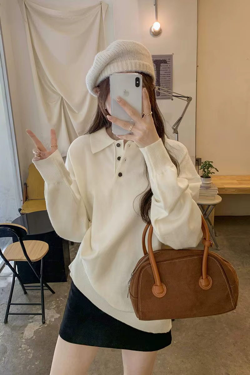 Automne et hiver nouveau élégant couleur unie col Polo tricoté pull collège Style ample décontracté