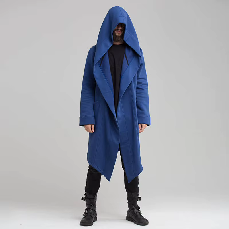 Cardigan long à capuche pour homme avec manches longues et ouverture frontale, cape longue légère, veste coupe-vent et imperméable pour homme