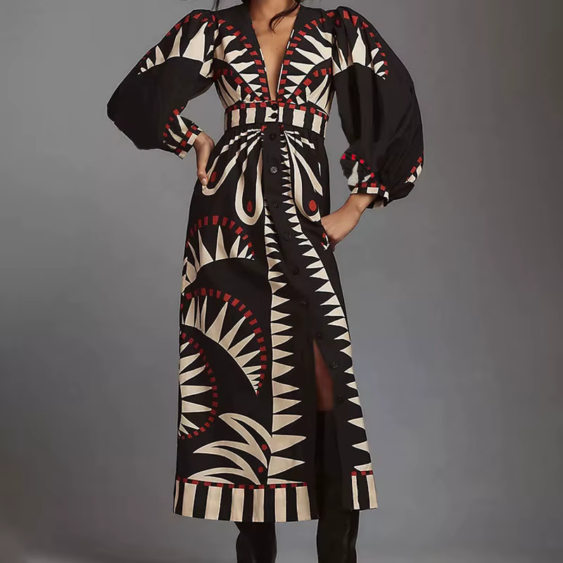 Robes imprimées noires à col en v, manches lanternes, mode dame, taille haute, longues, classiques, nouvelles tenues de vocation féminines, 2025