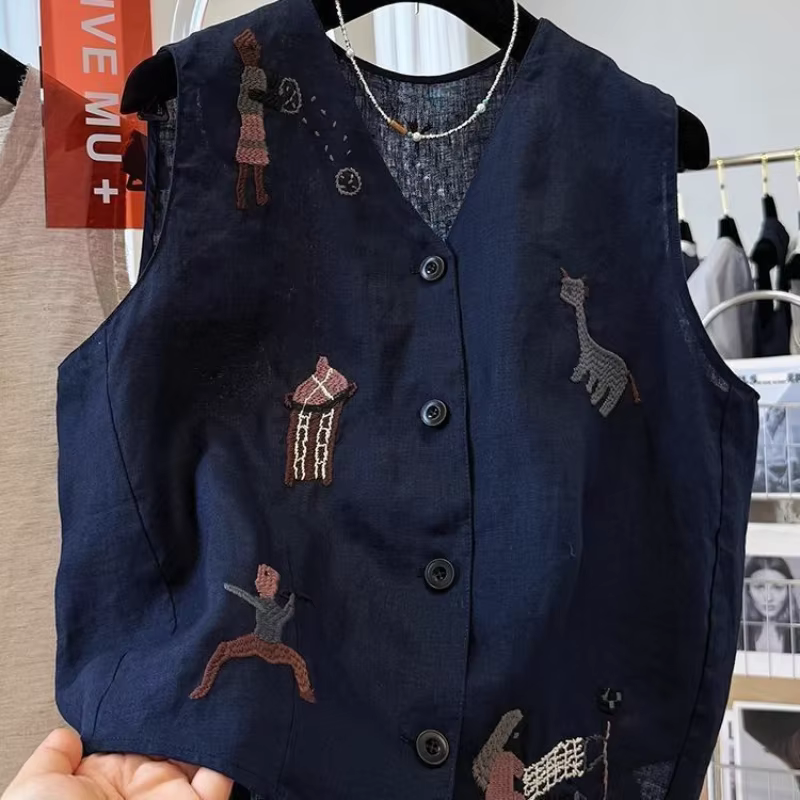 Gilet sans manches en lin brodé motif dessin animé vintage pour femme