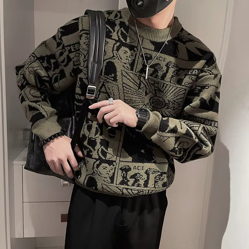 Pull à fleurs pour hommes, chemise à bascule tendance à manches longues, pull tricoté à la mode personnalisé, printemps et automne