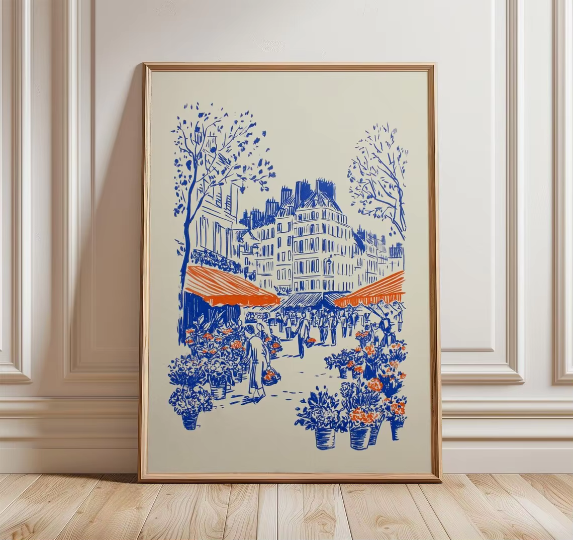 Affiche d'art linéaire sur le thème des cafés de Paris