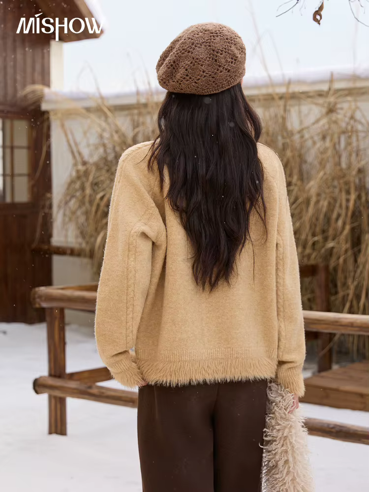 MISHOW jaune tricoté pull pour femmes 2025 hiver nouveau manches longues câble en peluche ourlet couture