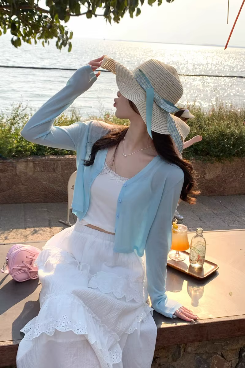 Pull tricoté pour femmes viscosé bleu ciel col V occasion spéciale Saint Valentin printemps été