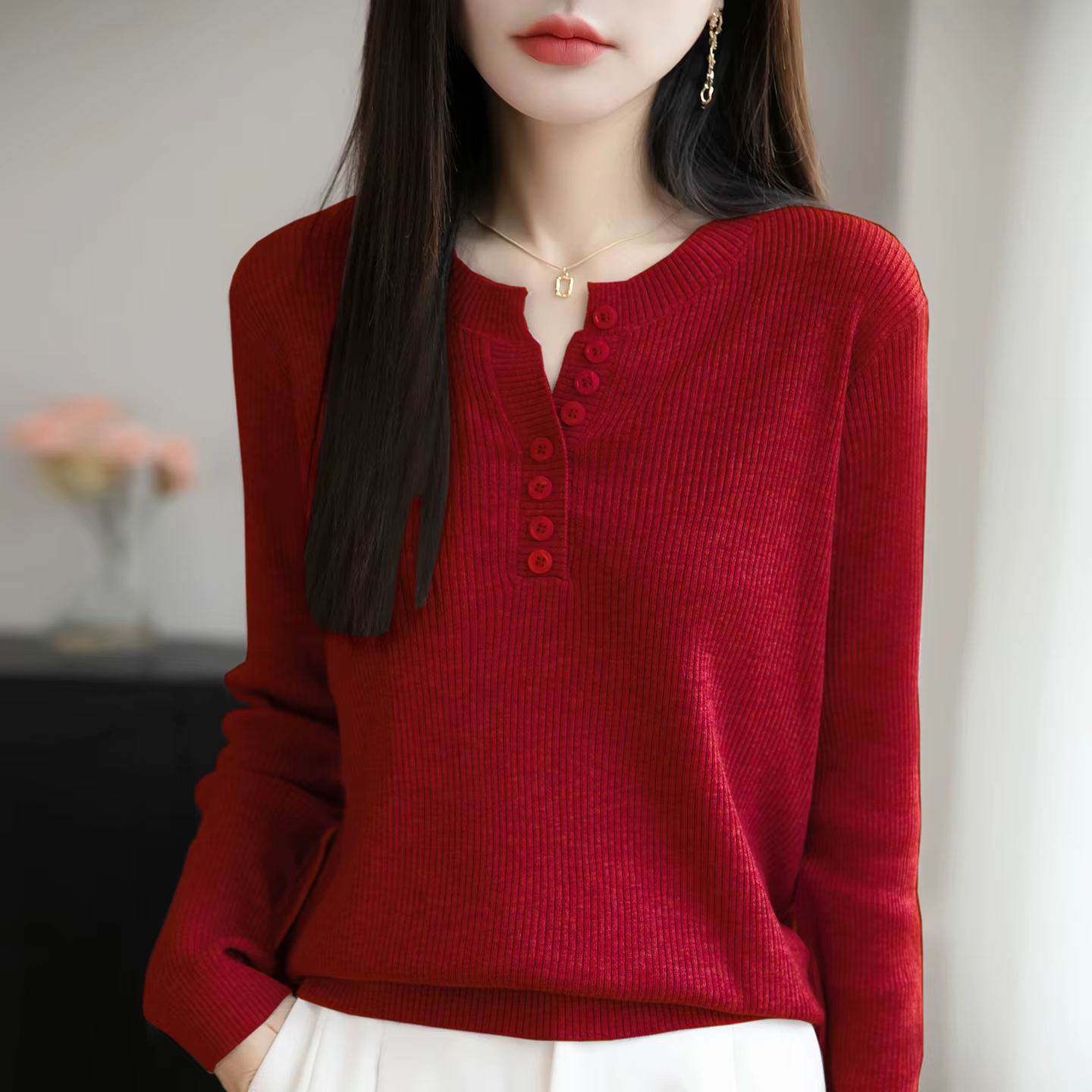 Laine peignée col rond pull femmes couleur unie bouton à manches longues haut automne hiver mode tricot Stretch femme
