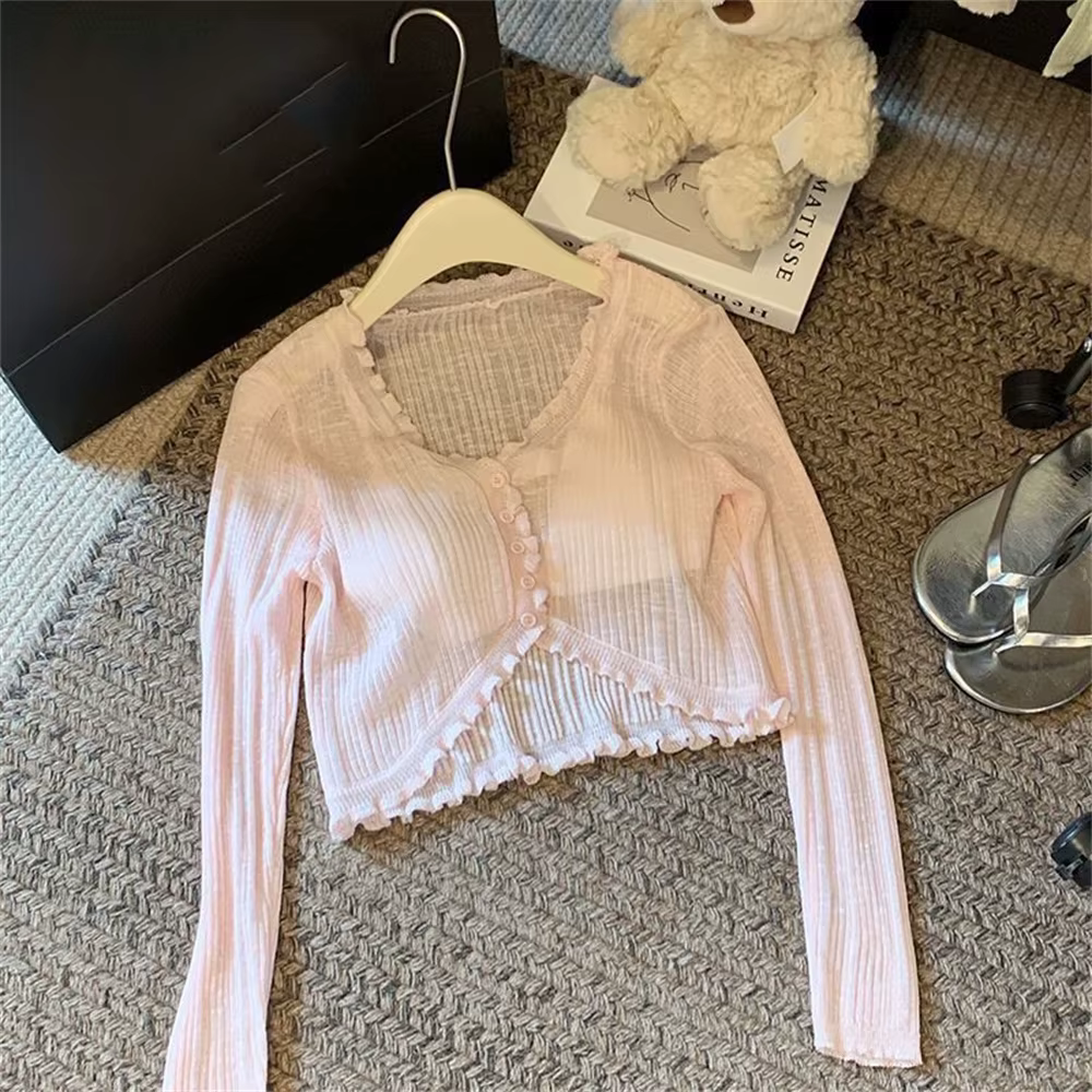 2025 pull été rose Cardigan mode coréenne dentelle bouton à manches longues haut court femmes