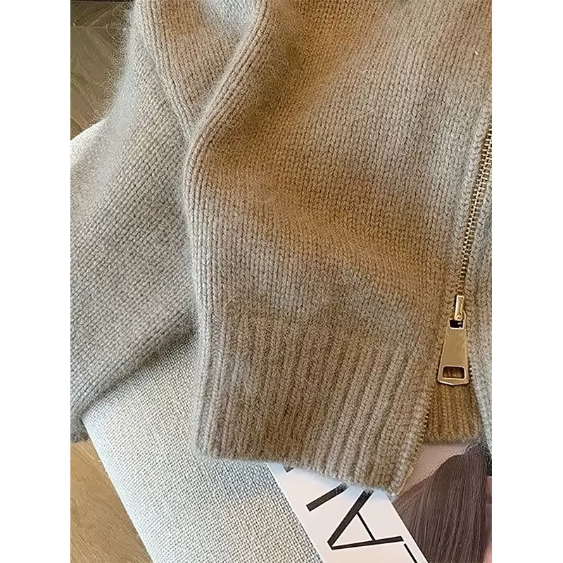 Patchwork fermeture éclair recadrée Cardigan femmes 400g épais automne tricoté pull Bomber veste Vintage 2000s court ajusté tricots manteau