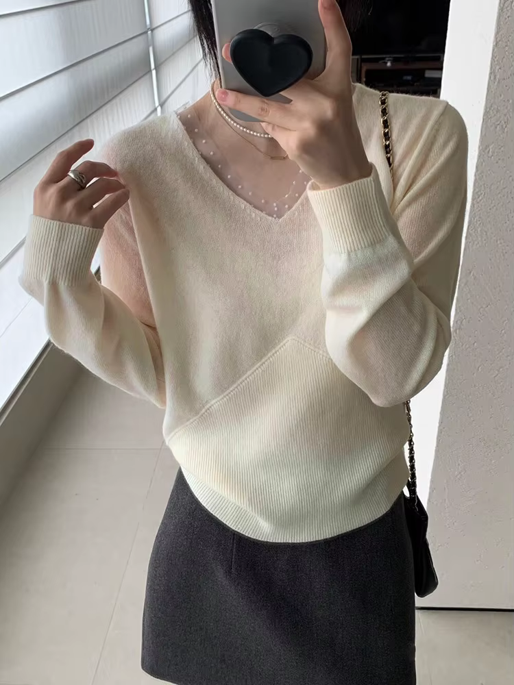 Pull coréen Patchwork à pois col en v pulls femmes Sueter Mujer à manches longues doux