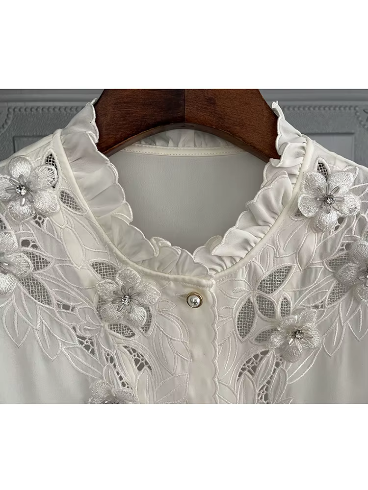 QOERLIN – chemisier de luxe en mousseline de soie pour femme, Chic, coréen, ajouré, élégant, col à volants, broderie florale