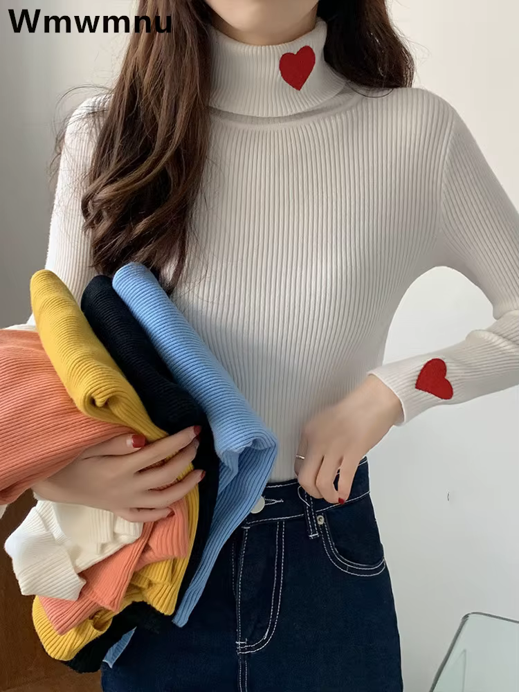 Pull à col roulé pour femmes automne hiver coréen amour brodé tricots