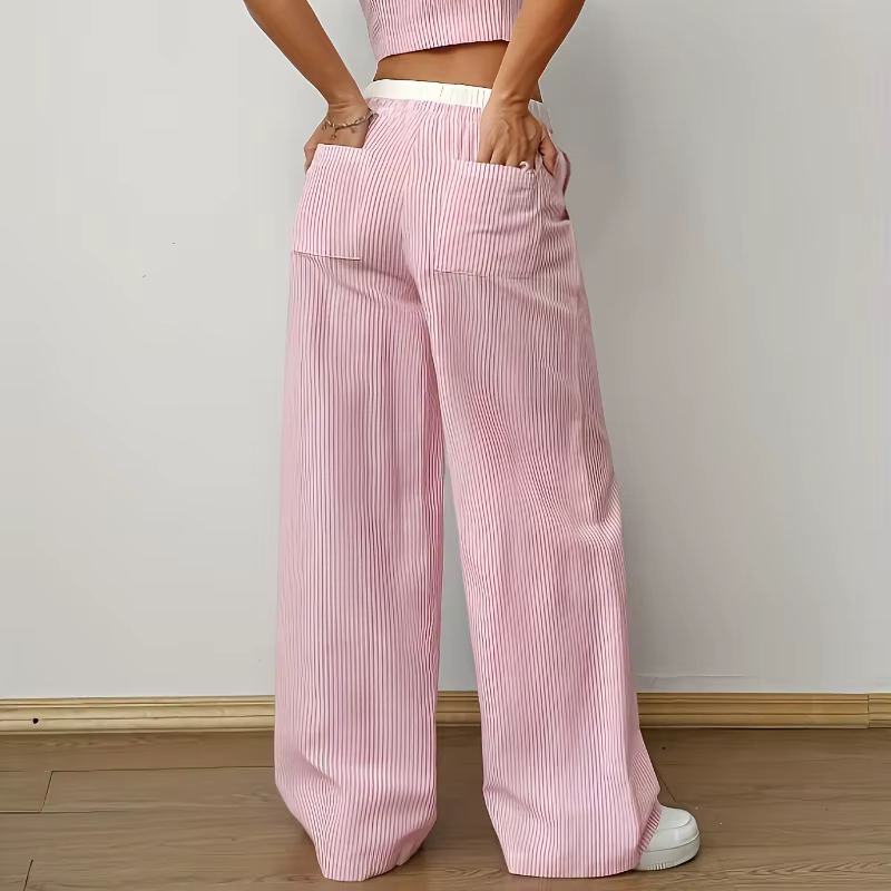 2025 nouveau élégant rayé sans manches col en v gilet taille contraste Co pantalon deux pièces ensemble été Woen ensembles mode costume haut